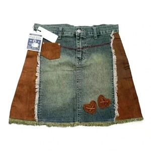 NWT O'Lico Sz 3 Distressed Yellow Wash Y2K Denim Mini Skirt Patchwork Faux Suede